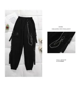 2021 Forår Mode Harajuku Kvinders Kæde Cargo Bukser med Høj Talje Jeans Kvinder Streetwear Lige Femme Blue Bomuld, Stykke 2