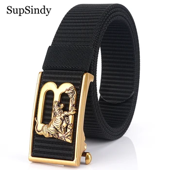 SupSindy Mands nylon bælte luksus guld tiger metal automatisk spænde Lærred Bælter til mænd mode-jeans Linning i sort mandlig strap