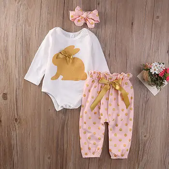 3Pcs nye søde Nyfødte Spædbarn Baby Piger tøj Sommeren kanin langærmet body bue Playsuit Bukser Outfits Sæt
