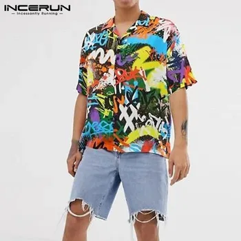 Sommeren Mænd Printet Skjorte kortærmet Turn-down Krave Streetwear Smarte Løs Herre Hawaii-Skjorter 2021 Ferie Camisa INCERUN