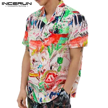 Sommeren Mænd Printet Skjorte kortærmet Turn-down Krave Streetwear Smarte Løs Herre Hawaii-Skjorter 2021 Ferie Camisa INCERUN
