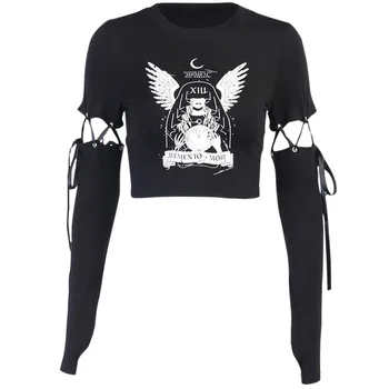 NCLAGEN Snor Patchwork Lange Ærmer Afgrøde Top Trykte Gotiske Bodycon T-Shirt Kvinder Streetwear Punk Sort Efteråret Mode Tees