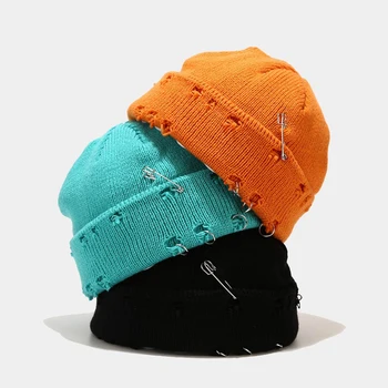 FS Trendy Orange Mænd Hat Pin Dekoration Slidt, Hullet Design Kort Randen Huer Vinter Strikkede Huer Til Kvinder, Hip Hop Daske Cap