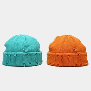 FS Trendy Orange Mænd Hat Pin Dekoration Slidt, Hullet Design Kort Randen Huer Vinter Strikkede Huer Til Kvinder, Hip Hop Daske Cap
