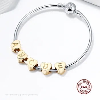 925 Sterling Sølv Brev Perle-Charme, Alfabet Passer til Pandora Oprindelige Armbånd Guld Farve Perle Vedhæng DIY Halskæde Smykker