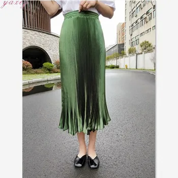 2020 Elegant Satin Lang Nederdel Med Høj Talje Kvindelige Plisseret Nederdel Nederdele Dame Koreanske Kvinder Nederdel Tøj Plus Size Damer Mid-Kalv