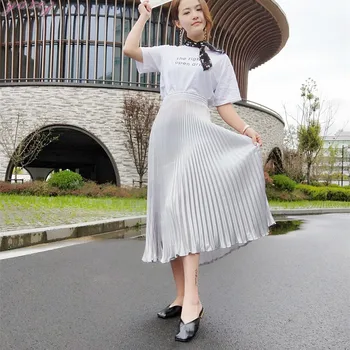 2020 Elegant Satin Lang Nederdel Med Høj Talje Kvindelige Plisseret Nederdel Nederdele Dame Koreanske Kvinder Nederdel Tøj Plus Size Damer Mid-Kalv