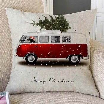 Akvarel Art Røde Bil, Der Transporterer Juletræ Julegave Til Dekoration Sofa Smide Pudebetræk Bomuld Xmas Pudebetræk
