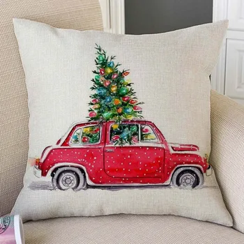 Akvarel Art Røde Bil, Der Transporterer Juletræ Julegave Til Dekoration Sofa Smide Pudebetræk Bomuld Xmas Pudebetræk