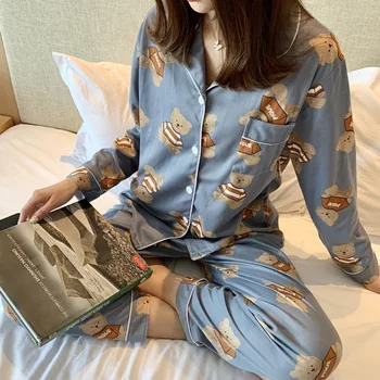 2020 Efteråret Kvinders Pyjamas Sæt med Blomster Print Mode Luksus Kvindelige Faux Silke To Stykker Shirts + Bukser Nighties Nattøj