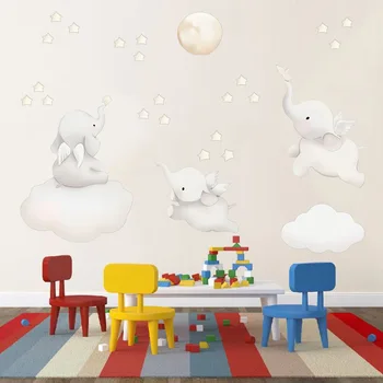 Tegnefilm Stjerner Cloud Wall Stickers Elefant Dyr Mærkat Baby Kids Room Dekoration Nordisk Stil Børnehave Vinyl Vægoverføringsbilleder