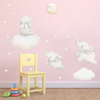 Tegnefilm Stjerner Cloud Wall Stickers Elefant Dyr Mærkat Baby Kids Room Dekoration Nordisk Stil Børnehave Vinyl Vægoverføringsbilleder