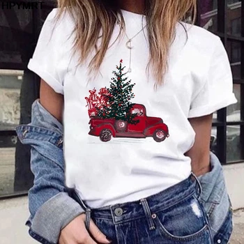 Jul Lastbil Tree Print T-Shirt til Kvinder Mode Harajuku kortærmet T-shirt Hvid Ny Tshirt Glædelig Jul Tøj Toppe Tee