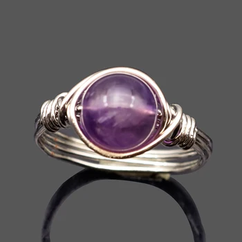 Boho naturlige sten ring i Sølv farve Ledning Viklet Ringe til kvinder Lilla sten opal ring Reiki healing Mode smykker