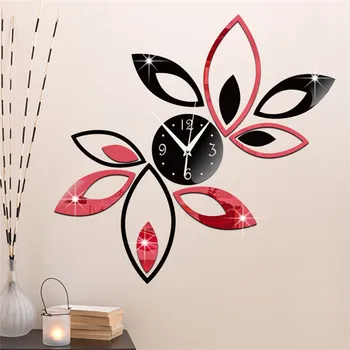 3D-DIY selvklæbende Ur Sort Rød Lotus Spejl Wall Sticker Se Nordisk Stil Reloj Adhesivo de forhold Stue Home Decor