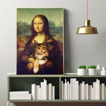 Mona Lisa Holder Kat Sjov Kunst Lærred Malerier På Væg Kunst, Plakater Og Prints Da Vincis Berømte Art Billeder Cuadros