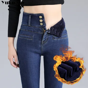 2020 Kvinder Vinteren Fleece Jeans Ny Solid Varm Tykkere Denim Blyant Bukser Mode Tynde Jean Bukser Sexet Slanke Bukser plus størrelse