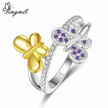 Lingmei ring Engros Formet som en Sommerfugl Fashion Kvinder Smykker PurpleWhite Zircon Sølvfarvet Ring Størrelse 6-9 Blændende Party