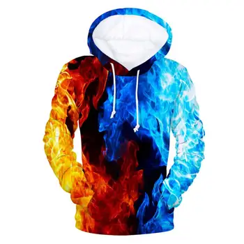 Men 3D Digital Fire Flame Print Hooded Sweatshirt Drawstring Hoodie Coat