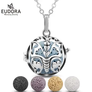 EUDORA butterfly bur Hule medaljon æterisk olie halskæde med 5 Lava Sten & max åbnede buret Medaljon Aromaterapi Vedhæng K125