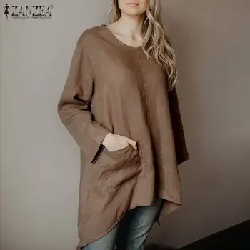 Dame Efterår Lange Bluser ZANZEA Vintage Uregelmæssige Shirts, Casual Solid O-Hals Blusa Feminina Kvindelige Løs Bomuld Toppe Plus Størrelse