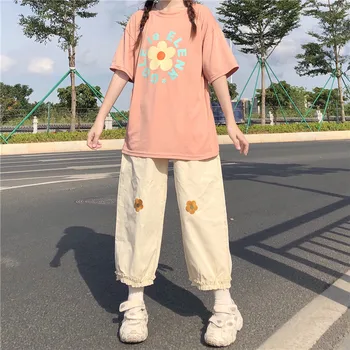 Japansk Kawaii Kvinder Bløde Pige Bukser Løs Tynd Tegnefilm Blomster Broderi Bukser Med Elastik I Taljen Afslappet Flæser Søde Straight Bukser
