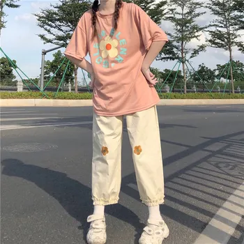 Japansk Kawaii Kvinder Bløde Pige Bukser Løs Tynd Tegnefilm Blomster Broderi Bukser Med Elastik I Taljen Afslappet Flæser Søde Straight Bukser
