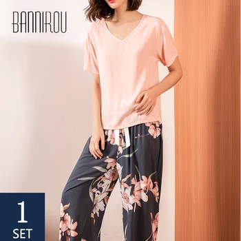 BANNIROU Foråret 2 Stykke Trykt Elegant Nattøj Til Kvinder Sætter udskrivning Pyjamas Sæt Viscose Blomster Natten Passer Pyjamas 2021 Ny