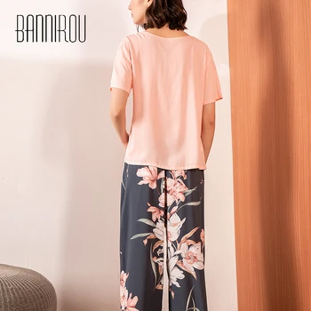 BANNIROU Foråret 2 Stykke Trykt Elegant Nattøj Til Kvinder Sætter udskrivning Pyjamas Sæt Viscose Blomster Natten Passer Pyjamas 2021 Ny