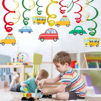 Kid ' s Fødselsdag Part Dekorationer PVC-Spiral Med Tegneserie-Bil, Bus, Taxa Papir, Kort, Baby Shower Hængende Hvirvel festartikler