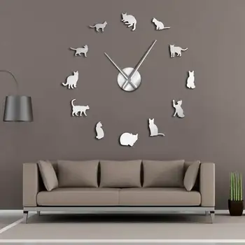 Silhuet Katte Væg Kunst Killingerne DIY Gigantiske Wall Clock Legesyge Katte Kæmpe Nål Kitty Pige Værelse Large Wall Se Feline Fan Gave