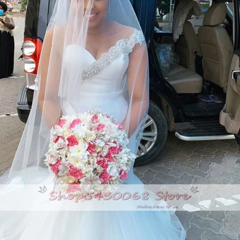 Elegant Havfrue Brudekjole 2020 Brudekjolen African Bride Kjoler Sexet O Hals Illusion Tilbage Sikning, Krystal Plus Størrelse