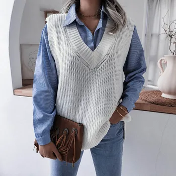 Foråret 2021 Nye Mode Kvinder V Hals Print Strikket Vest Sweater Casual Ærmeløs Løs Pullover Elegant Indrettede I Varme Lady Sweater Toppe