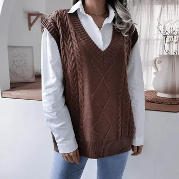 Foråret 2021 Nye Mode Kvinder V Hals Print Strikket Vest Sweater Casual Ærmeløs Løs Pullover Elegant Indrettede I Varme Lady Sweater Toppe
