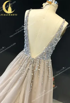 Rhinen rigtige Billeder V hals med perler, Pailletter brun A-linje, sexy back Luksuriøse arabisk formel kjole til aften kjoler, lange 2020