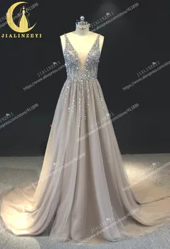 Rhinen rigtige Billeder V hals med perler, Pailletter brun A-linje, sexy back Luksuriøse arabisk formel kjole til aften kjoler, lange 2020