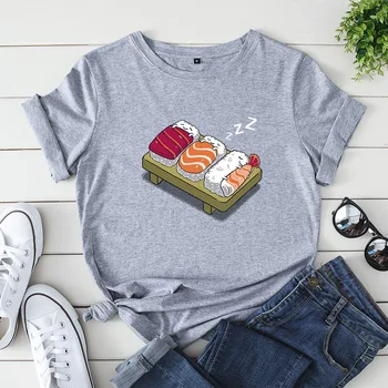 Bomuld Plus Størrelse S-5XL Kvinder T-shirts Grafiske Tees Kvindelige Skjorter Sommer Toppe Sovende Sushi Trykt Europa-T-Shirt