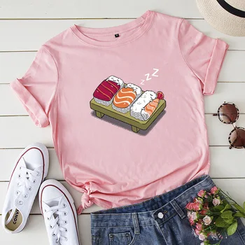 Bomuld Plus Størrelse S-5XL Kvinder T-shirts Grafiske Tees Kvindelige Skjorter Sommer Toppe Sovende Sushi Trykt Europa-T-Shirt