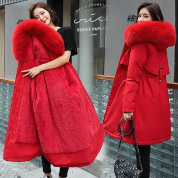 2020 nye plus size plys parka frakke fashion justerbar talje pels krave vinteren, varm dunjakke kvinder mid-længde hætteklædte parka
