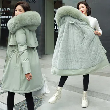 2020 nye plus size plys parka frakke fashion justerbar talje pels krave vinteren, varm dunjakke kvinder mid-længde hætteklædte parka
