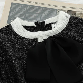 2021 Spring Nye Kvindelige O-Hals Bue strikket i Chiffon sweater + Høj Talje, Lommer, A-line Nederdel To-Delt Sæt Passer til Kvinder