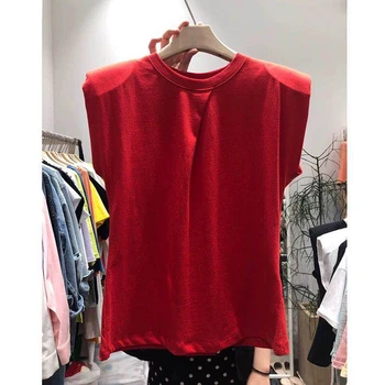 Koreanere 2020 sommer toppe Shoulder pad design Folder t-shirt kvinder o-hals solid t-shirt femme modis bomulds-tshirt kvinde
