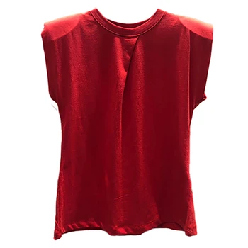 Koreanere 2020 sommer toppe Shoulder pad design Folder t-shirt kvinder o-hals solid t-shirt femme modis bomulds-tshirt kvinde
