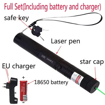 532 nm Grøn Laser Syn laser 303 pointer Kraftfuld enhed, Justerbar Fokus Lazer med laser 303+oplader+18650 Batteri