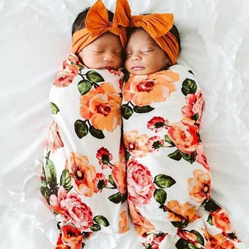 Baby Nyfødte Bløde Komfortable Tæppe, Håndklæde Turban Blomster Swaddle Wrap Sovepose Med Hat