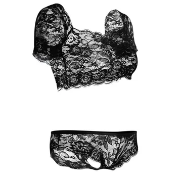 Se-gennem lingeri Lace Bralette+Trusser, Sexede kvinders Undertøj Sæt Bh & kort Sæt Sort Tube Top BH Intimes Mode 2019