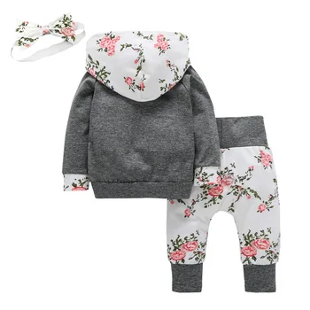 3Pcs Toddler Baby Pige Tøj med Lange Ærmer Blomster Kænguru Lomme Hoodie Top og Bukser Outfit med Hovedbøjle Spædbarn Tøj Sæt