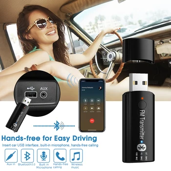 HEVARAL Trådløse Adapter USB FM Transmitter Til Bilen Håndfri bilsæt Bluetooth-Modtager V5.0 3,5 MM AUX Stereo Lyd FM-Modulator