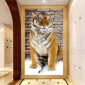 Brugerdefineret Vægmaleri Baggrund Ikke-vævet 3D Tiger Indgangen Gangen Baggrund Værelse Dekoration Malerier Til stuen Wall Paper Udsmykning