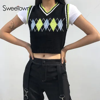 Sweetown Argyle Strikket Plaid Tank Top Kvindelige Streetwear Preppy Stil Y2K Tøj Stribe VNeck Beskåret Strik 90'erne Sweater Vest